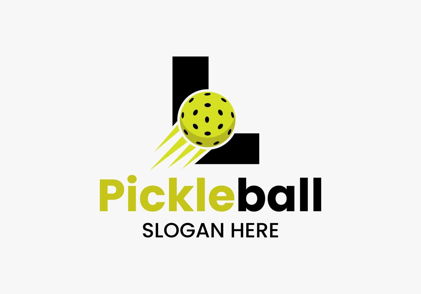 concept de logo lettre l pickleball avec symbole de pickleball en mouvement. modèle de vecteur de logo de boule de cornichon