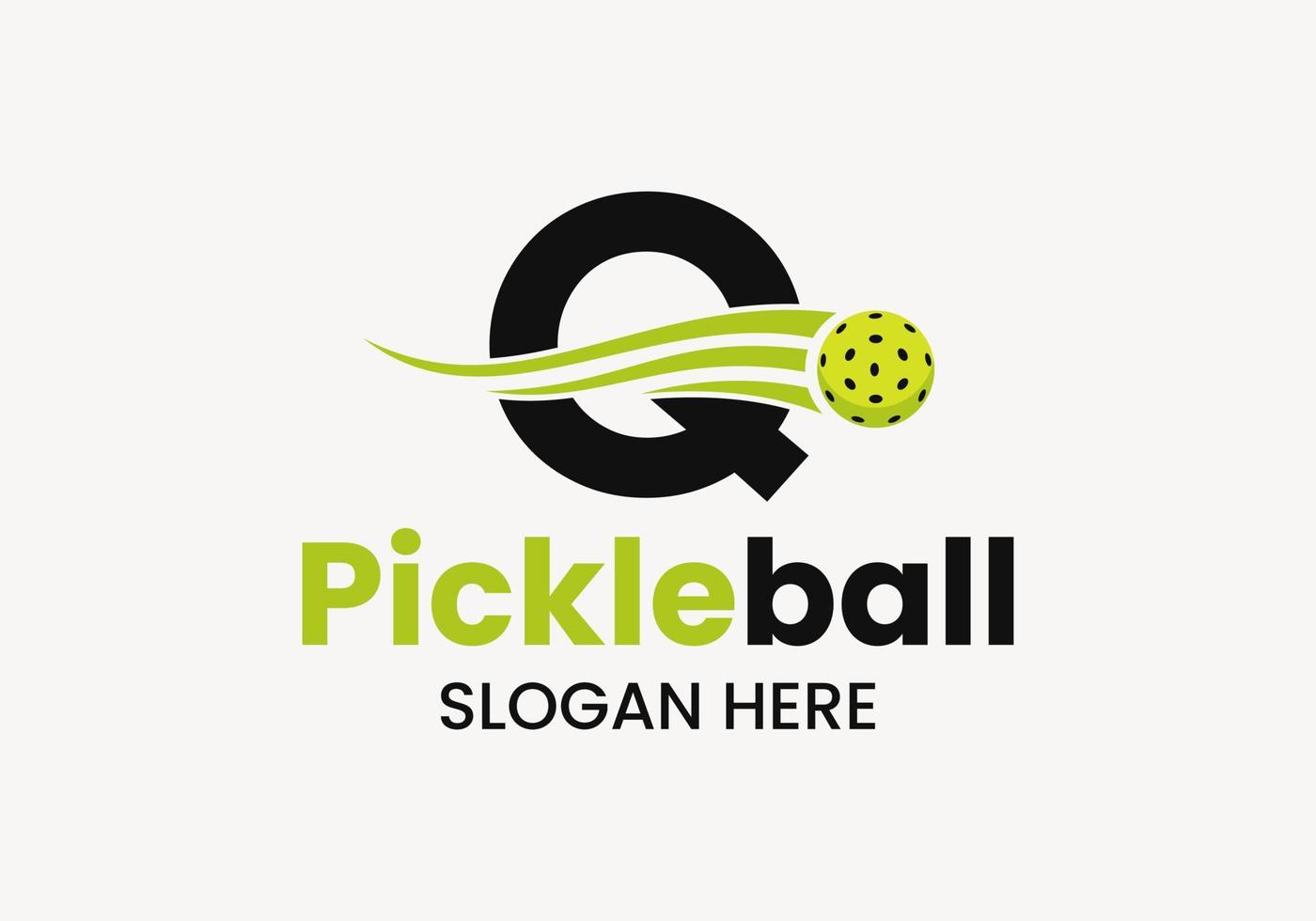 concept de logo lettre q pickleball avec symbole de pickleball en mouvement. modèle de vecteur de logo de boule de cornichon