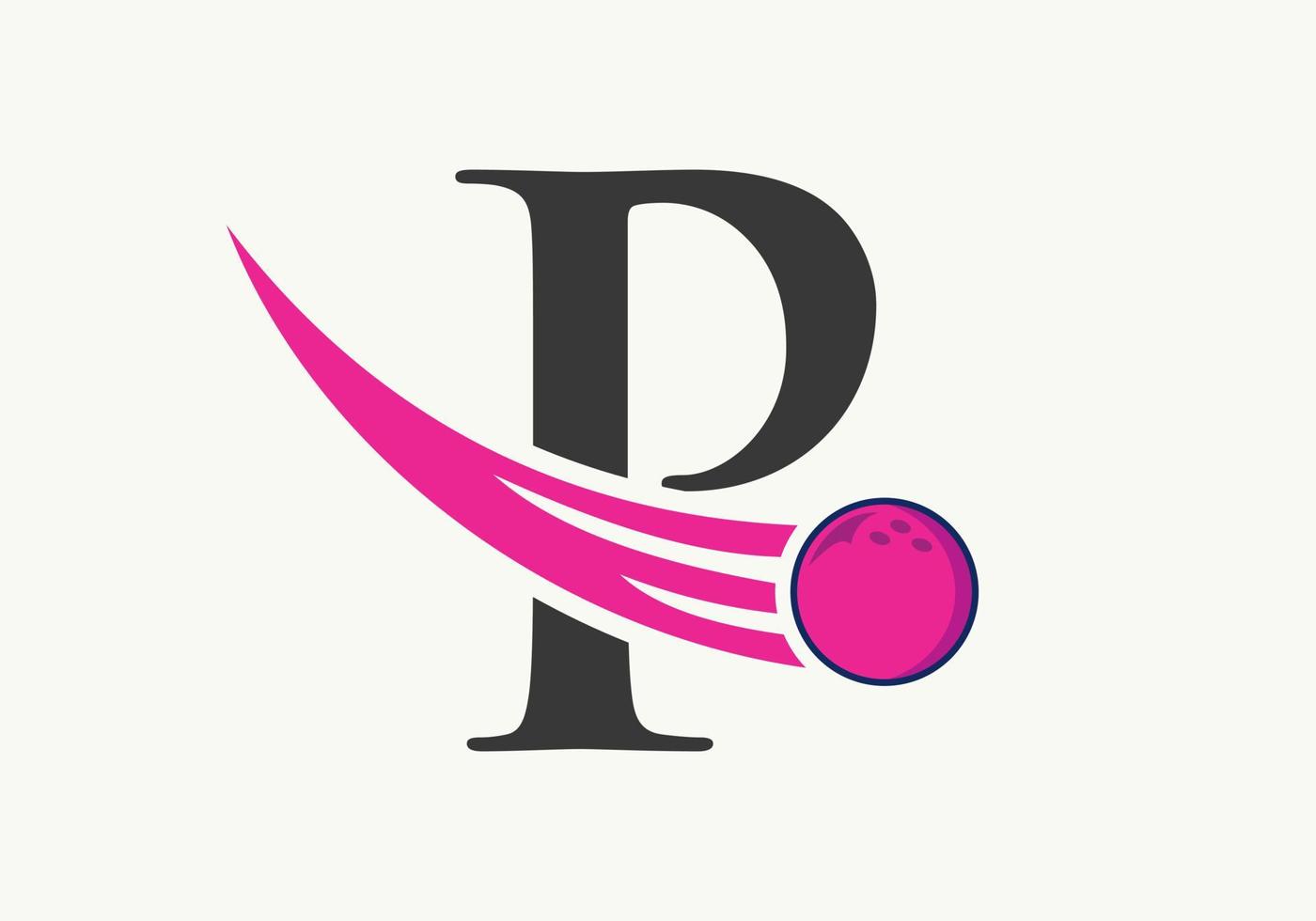 logo de bowling lettre p. symbole de boule de bowling avec modèle de vecteur de boule en mouvement