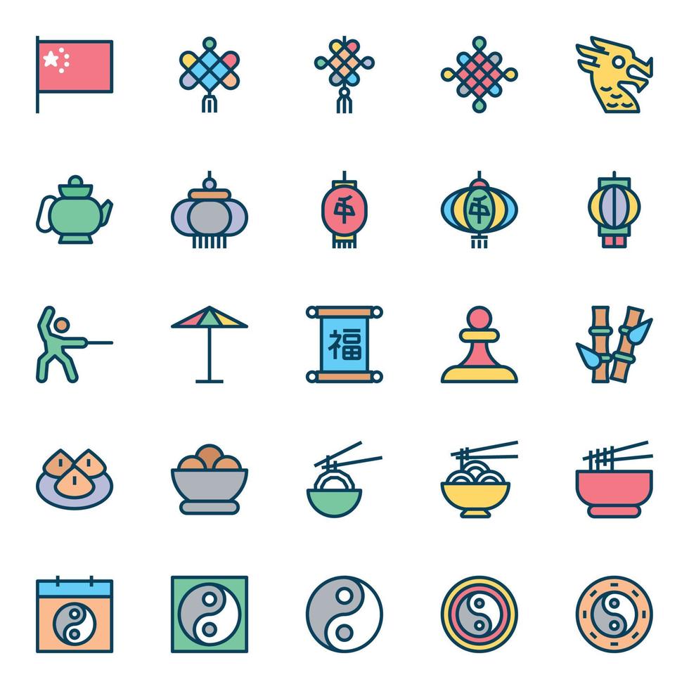 icônes de contour de couleur remplies pour la culture chinoise. vecteur