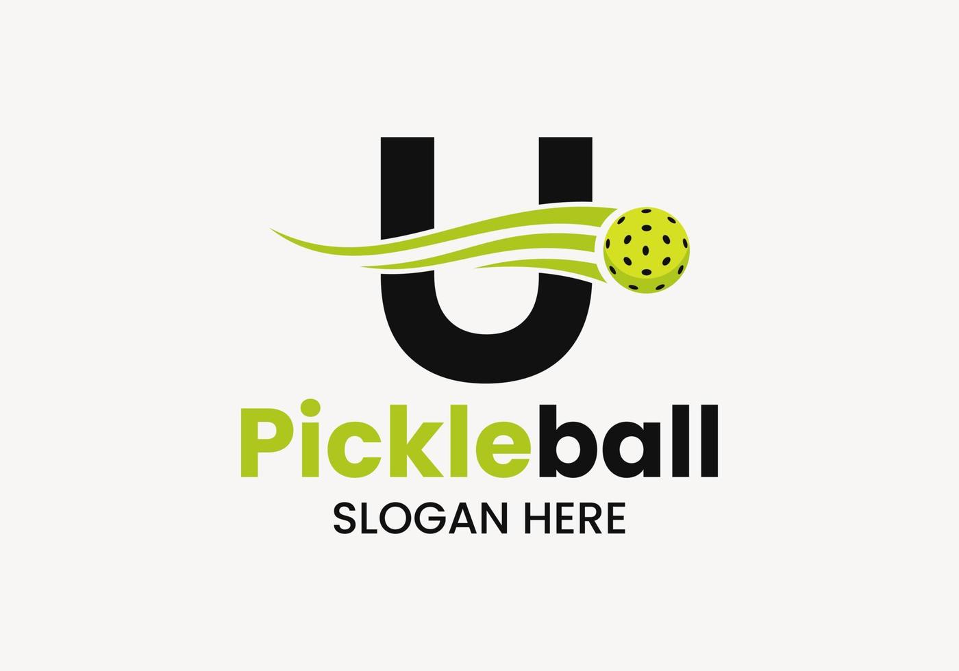 concept de logo lettre u pickleball avec symbole de pickleball en mouvement. modèle de vecteur de logo de boule de cornichon