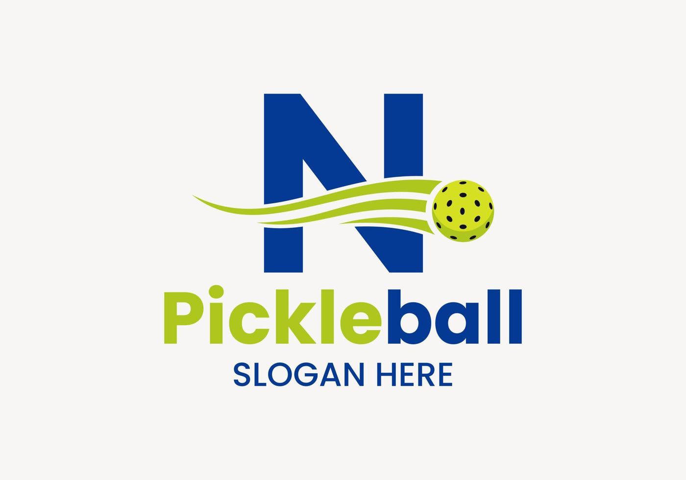 concept de logo lettre n pickleball avec symbole de pickleball en mouvement. modèle de vecteur de logo de boule de cornichon