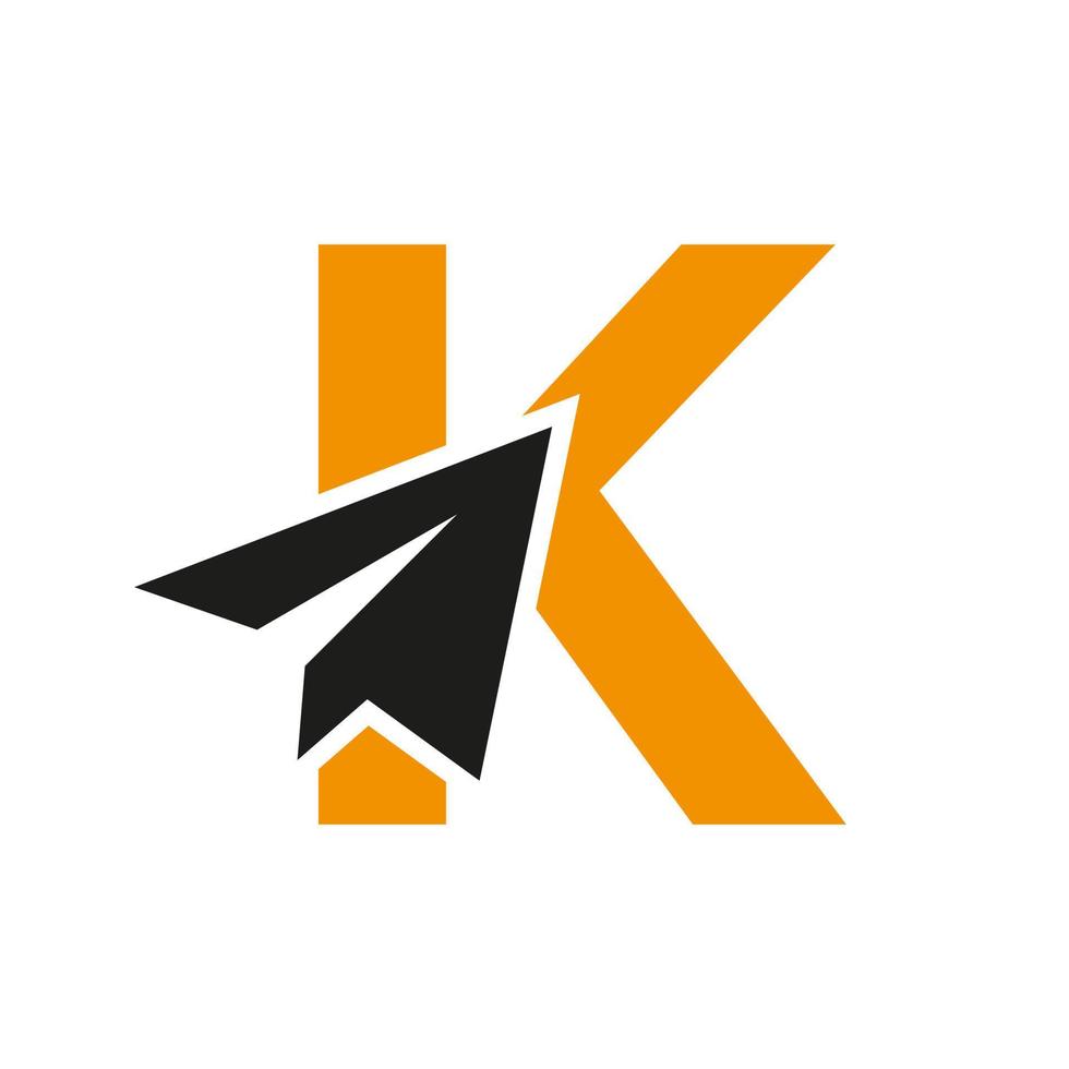 concept de logo de voyage lettre k avec modèle vectoriel d'icône d'avion en papier