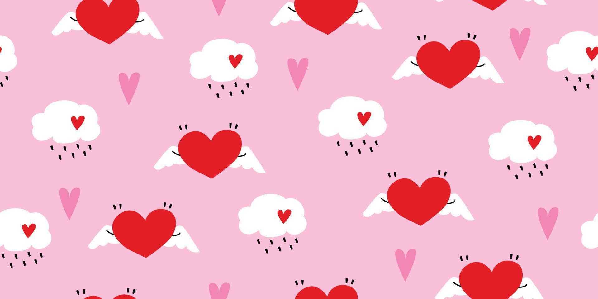 beau motif rose. coeur avec une illustration de dessin animé d'ailes. coeur voler avec des ailes d'ange dans un style doodle. coeur mignon pour décorer la carte de mariage pour la saint-valentin, concept d'amour. vecteur