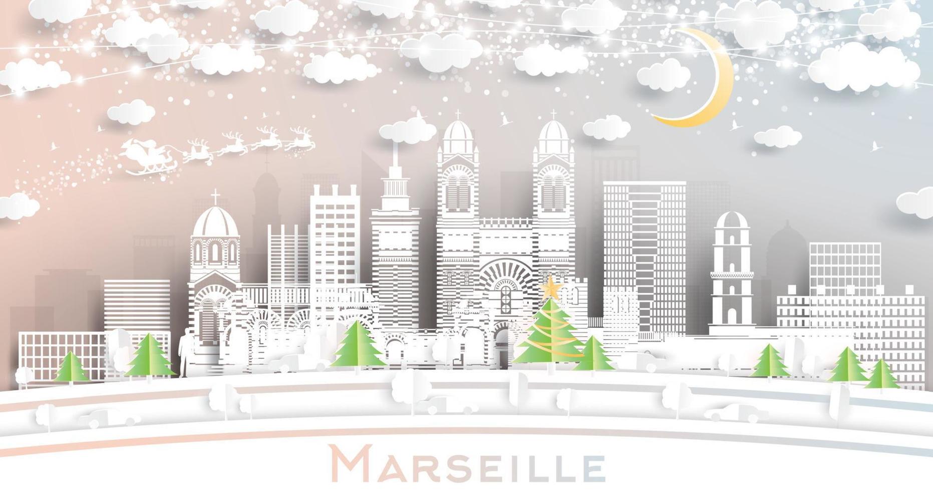 horizon de la ville de marseille france en papier découpé avec guirlande de flocons de neige, de lune et de néon. vecteur