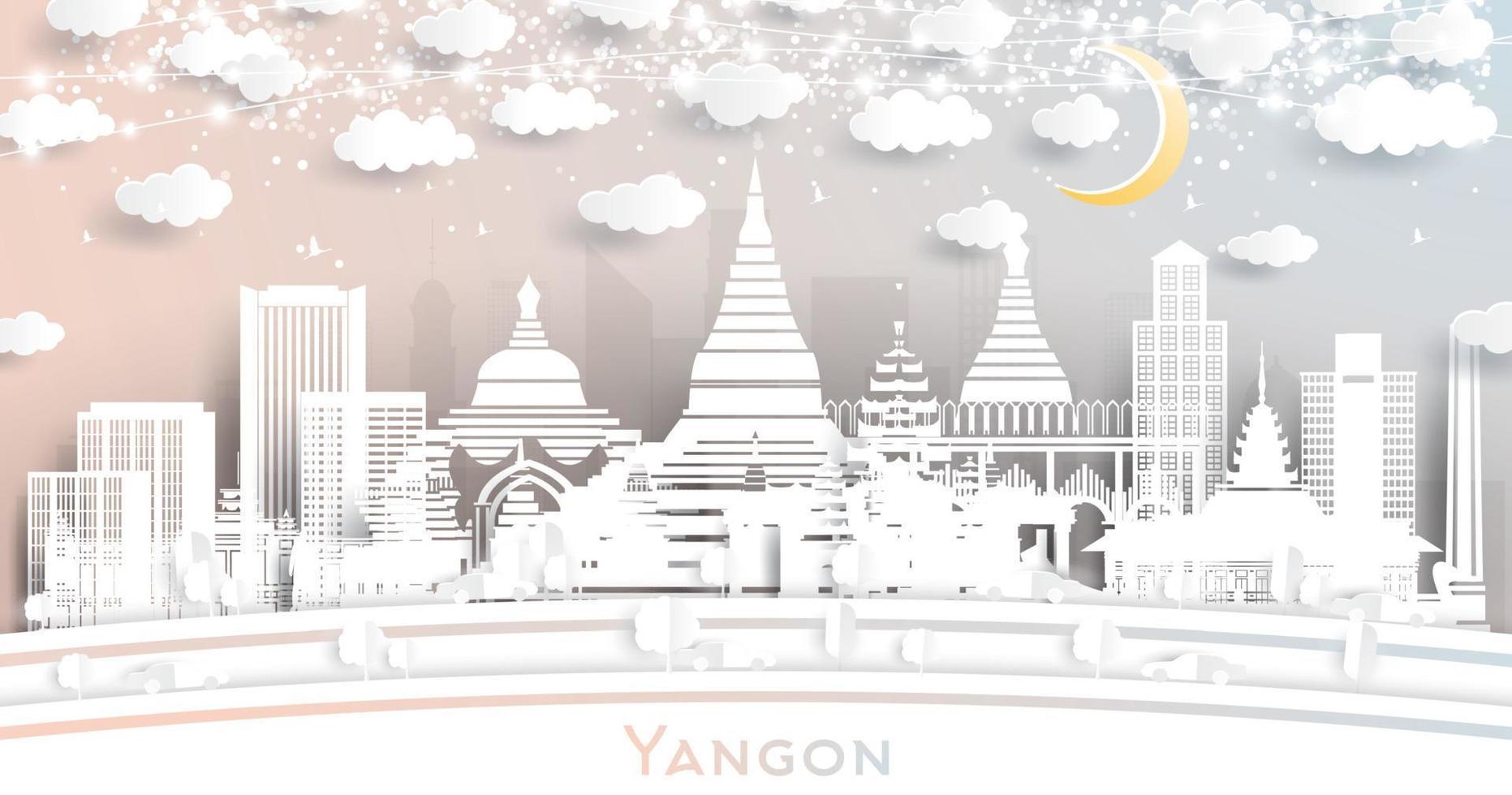 horizon de la ville de yangon myanmar dans un style de papier découpé avec des bâtiments blancs, une guirlande de lune et de néon. vecteur