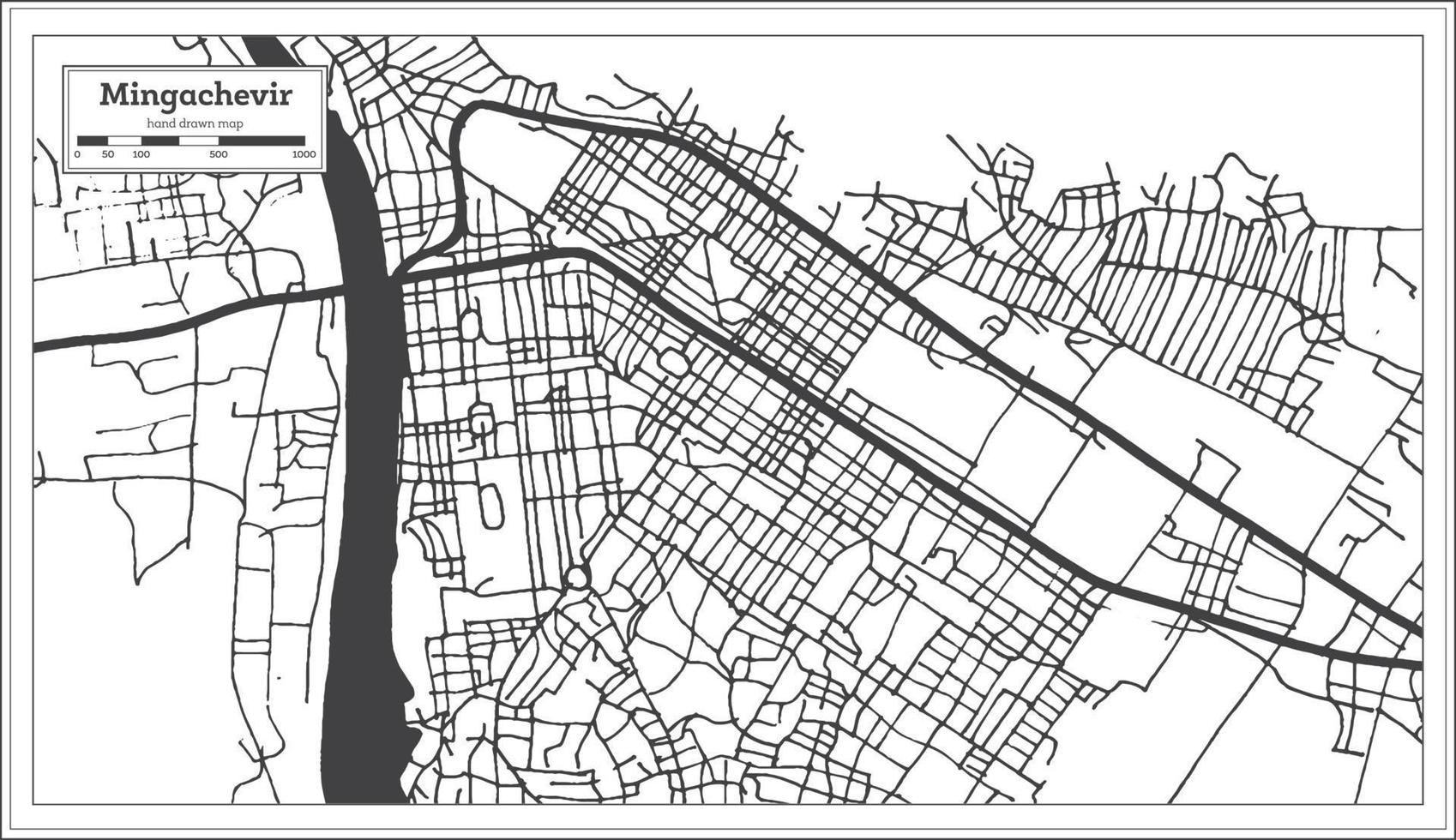 plan de la ville de mingachevir azerbaïdjan en couleur noir et blanc dans un style rétro isolé sur blanc. vecteur
