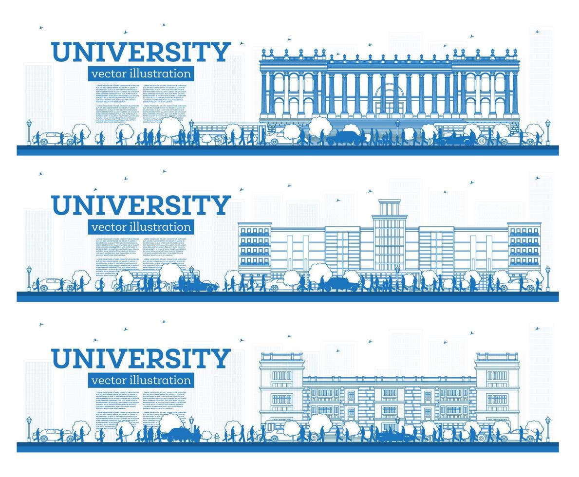 contour de l'ensemble du campus universitaire. bannières d'étude. illustration vectorielle. les étudiants vont au bâtiment principal de l'université. vecteur