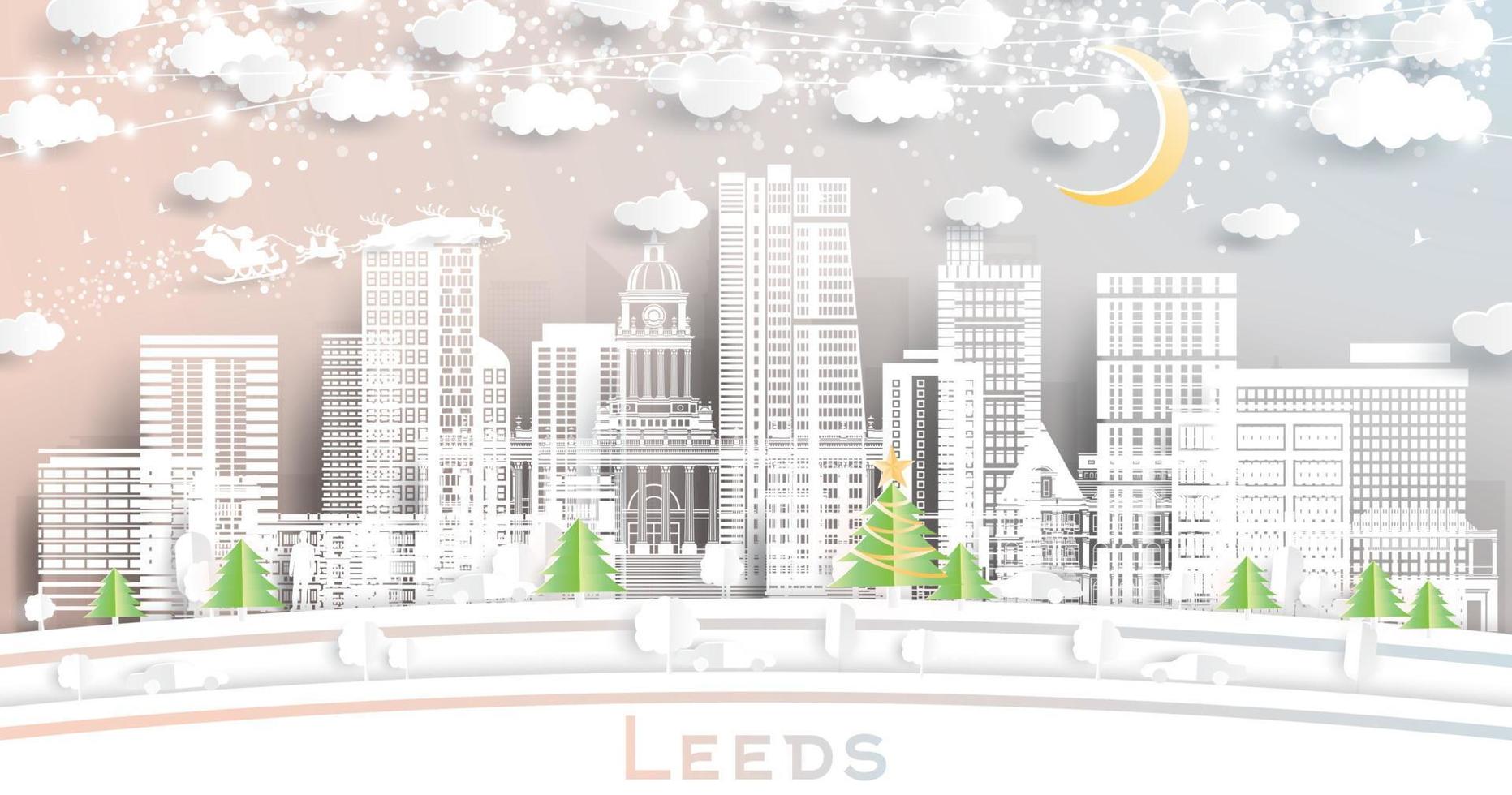 horizon de la ville de leeds uk en papier découpé avec flocons de neige, lune et guirlande de néons. vecteur