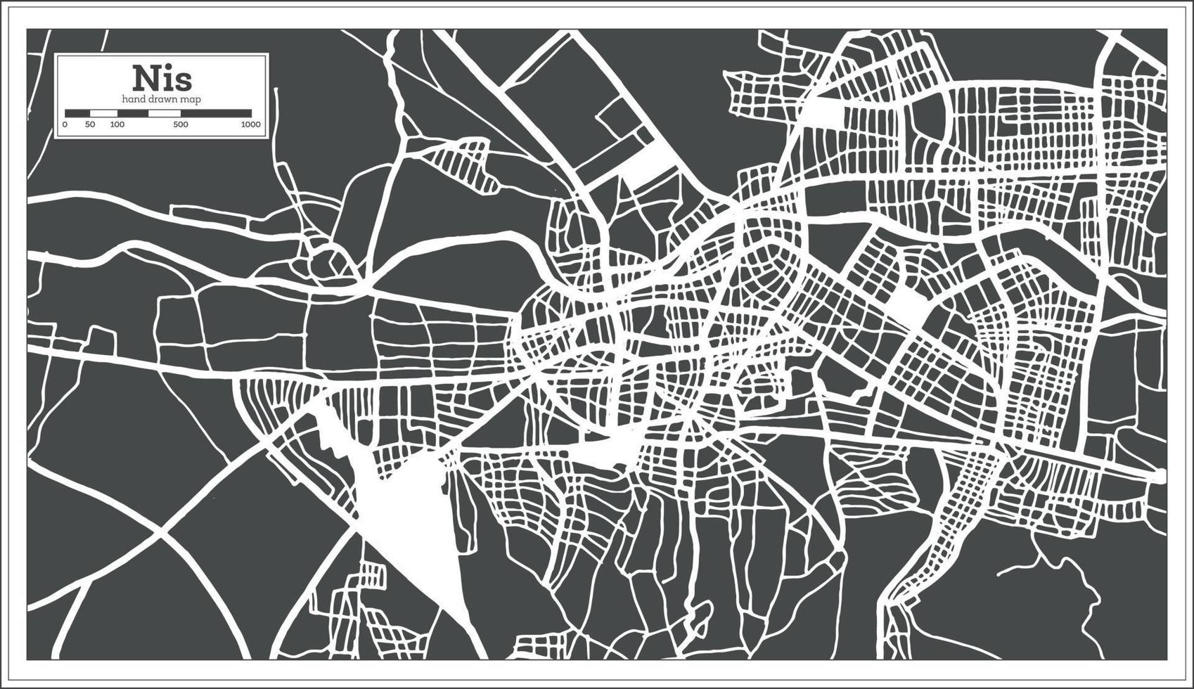 carte de la ville nis serbie en noir et blanc dans un style rétro. carte muette. vecteur