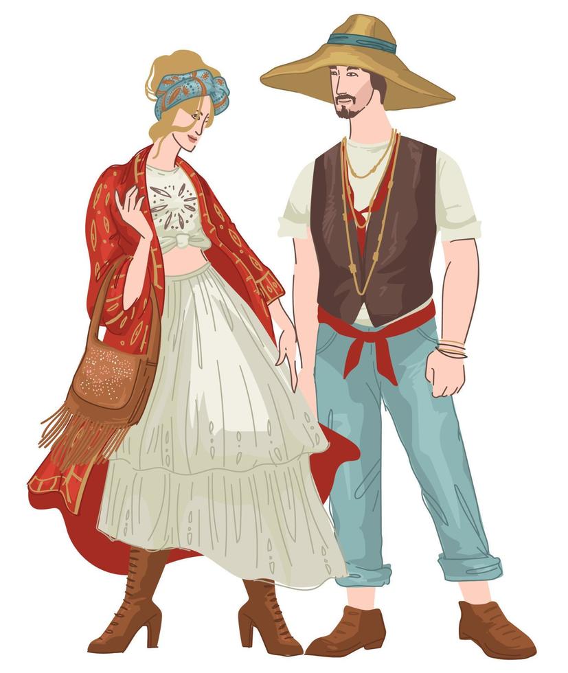 couple bohème homme et femme portant des vêtements vecteur