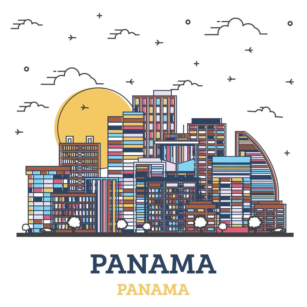 Décrire les toits de la ville de Panama avec des bâtiments de couleur isolés sur blanc. vecteur