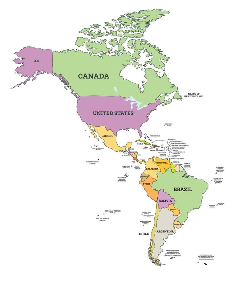 carte politique de l'amérique du sud et du nord en projection mercator. carte avec le nom des pays isolés sur blanc. vecteur