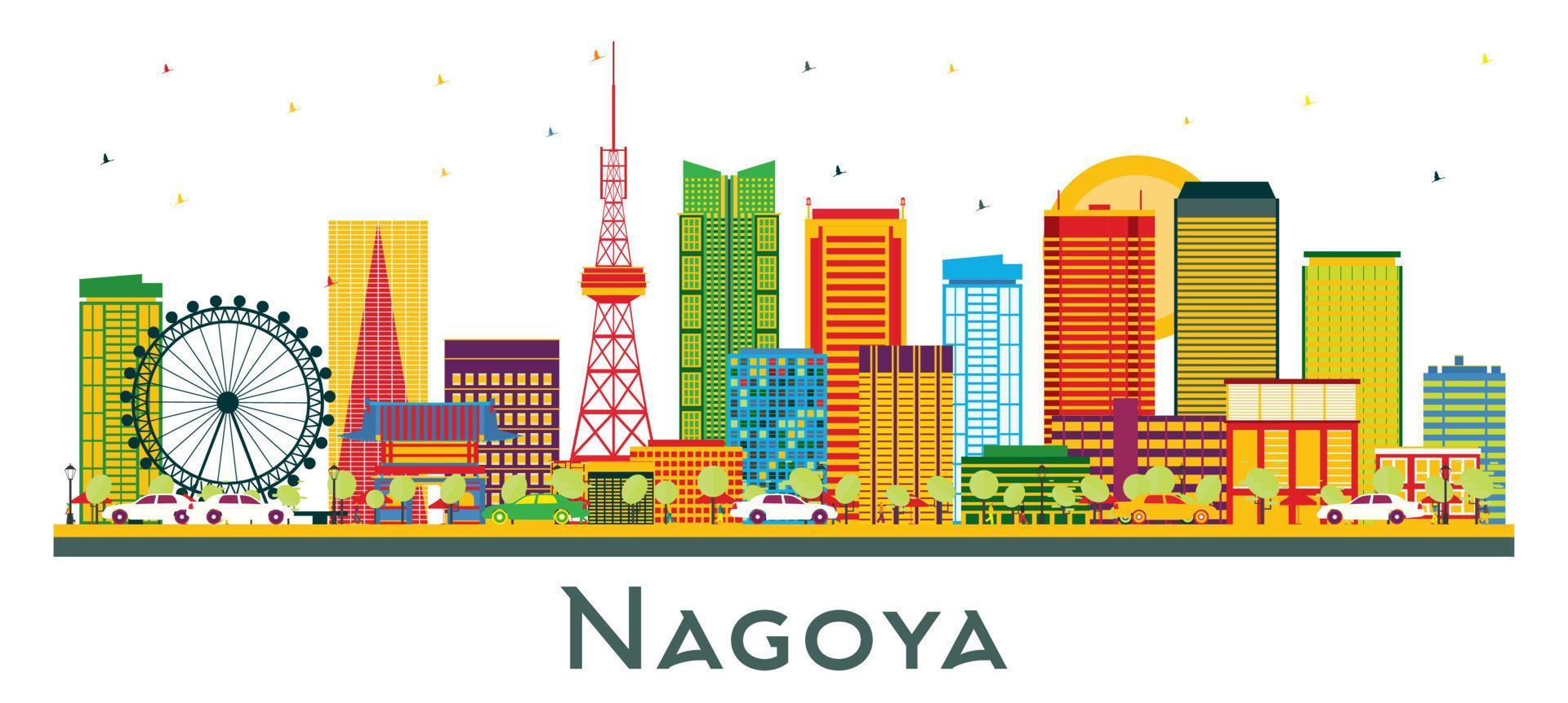 horizon de la ville de nagoya au japon avec des bâtiments de couleur isolés sur blanc. vecteur