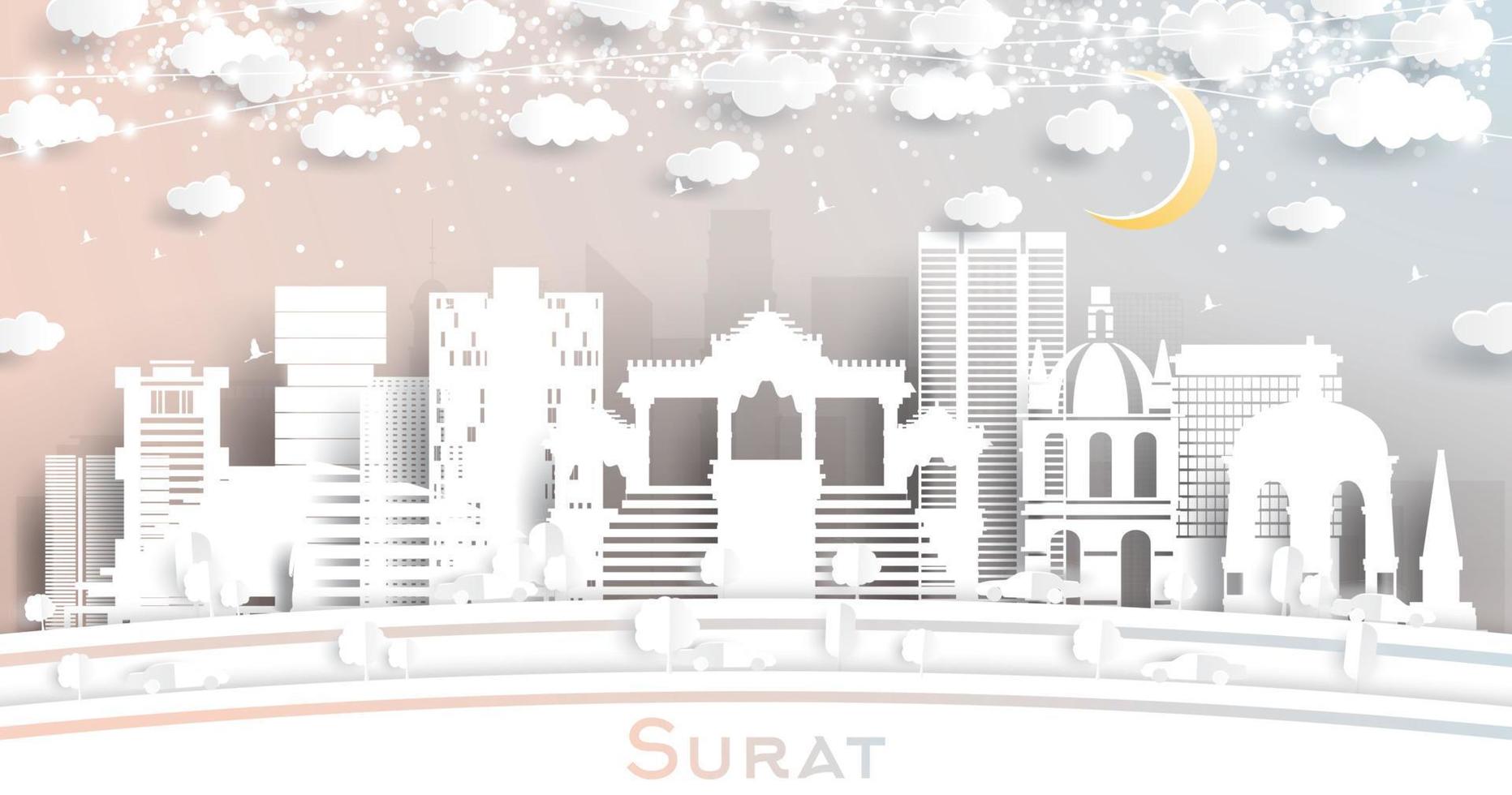 horizon de la ville de surat en inde dans un style papier découpé avec des flocons de neige, une lune et une guirlande de néons. vecteur