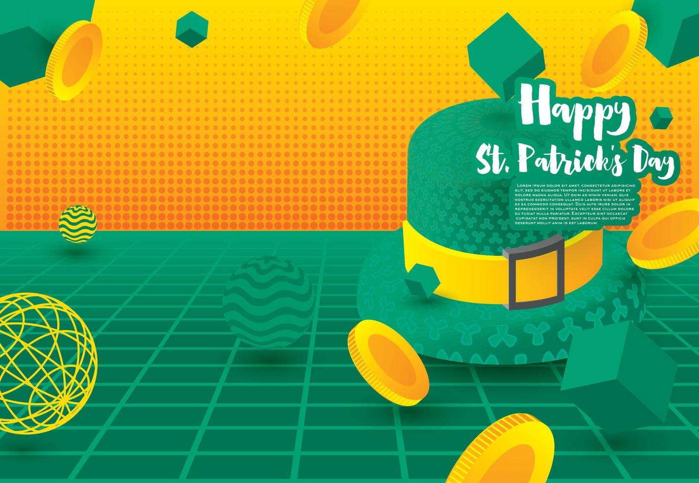 bannière festive de la saint-patrick avec un chapeau 3d vert et des pièces d'or tombant avec des cubes et des sphères verts. vecteur
