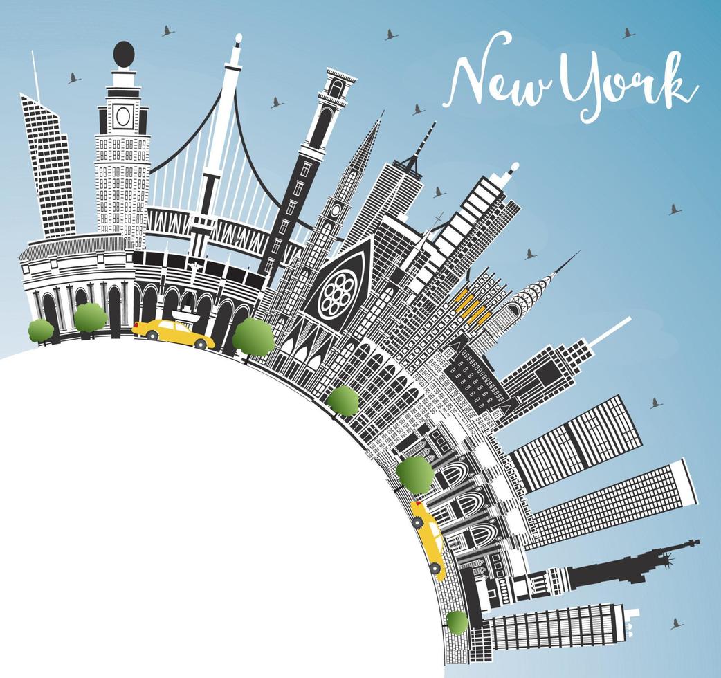 horizon de la ville de new york usa avec bâtiments de couleur, ciel bleu et espace de copie. vecteur
