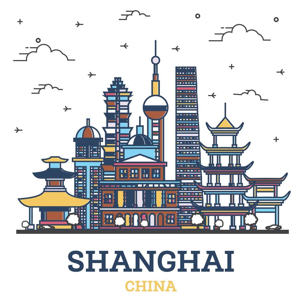 contour de la ville de shanghai en chine avec des bâtiments historiques colorés isolés sur blanc. vecteur