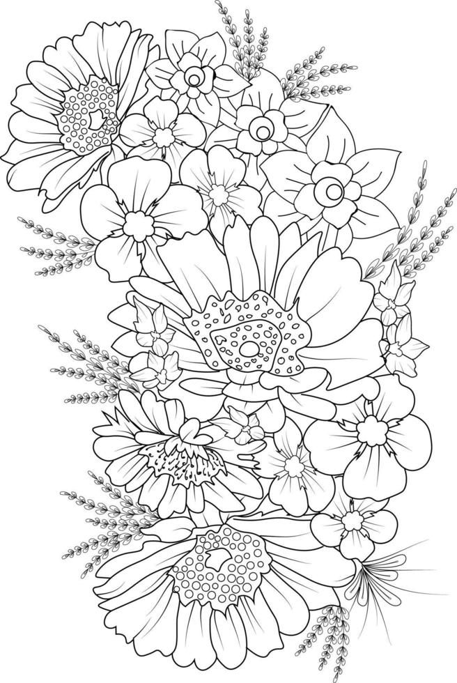 doodles pages à colorier de fleurs, croquis vectoriel peint à la main, éléments vintage de conception de tatouage zen doodle, isolés sur fond blanc, avec de jolies pages à colorier de fleurs,