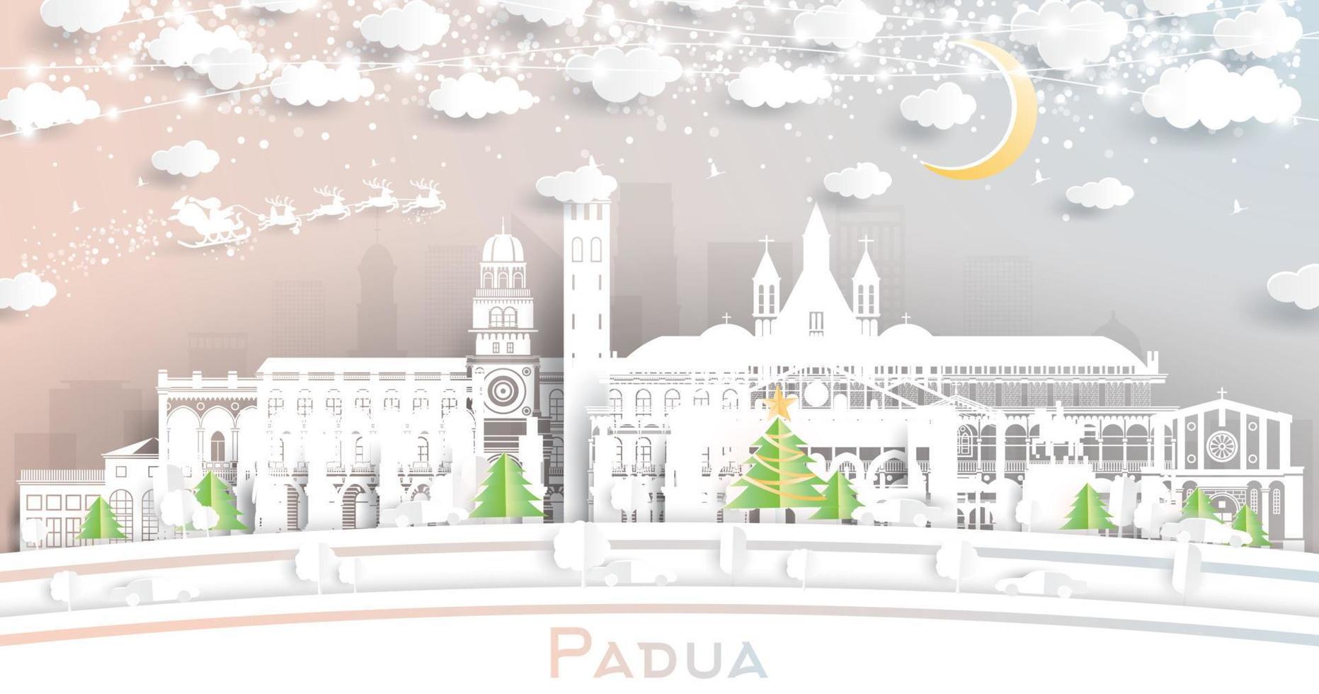 horizon de la ville de padoue en italie dans un style découpé en papier avec des flocons de neige, une lune et une guirlande de néons. vecteur