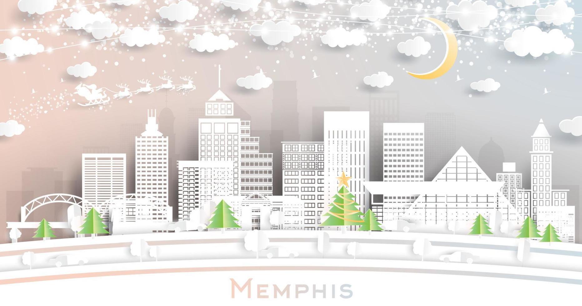 horizon de la ville de memphis tennessee en papier découpé avec guirlande de flocons de neige, de lune et de néon. vecteur