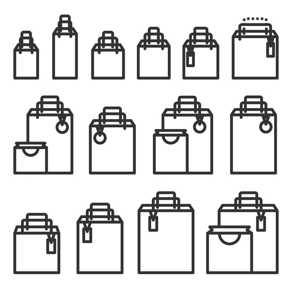 contour du jeu d'icônes de sac à provisions. icônes de sac de marché papier isolés sur blanc. vecteur