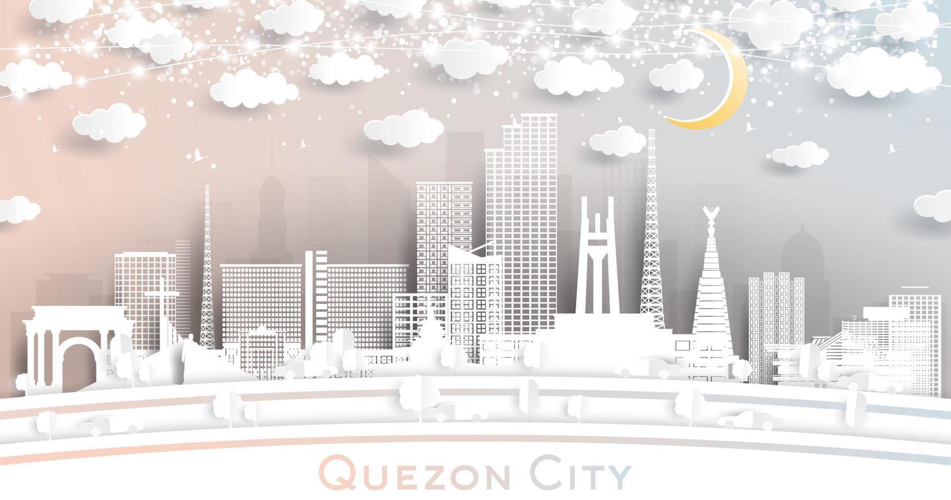 quezon city philippines skyline en papier découpé avec des bâtiments blancs, une lune et une guirlande de néons. vecteur