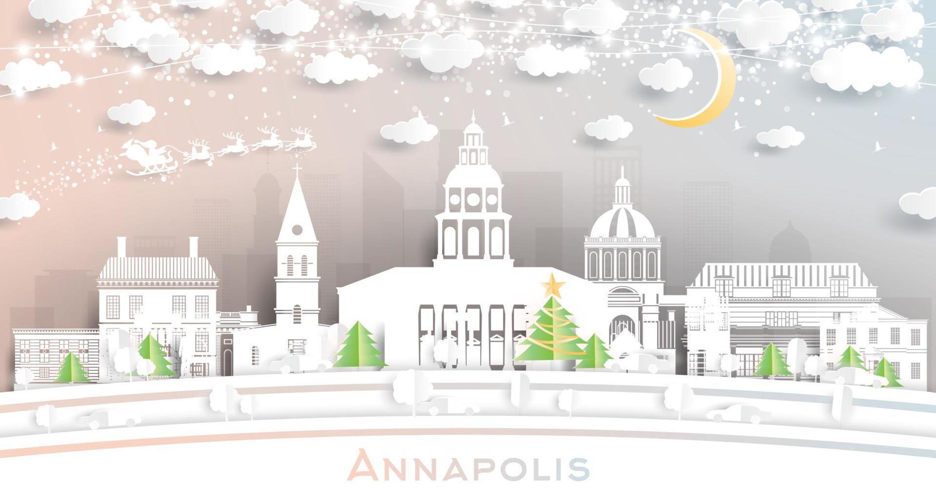 horizon de la ville d'annapolis maryland dans un style de papier découpé avec des flocons de neige, une lune et une guirlande de néons. vecteur