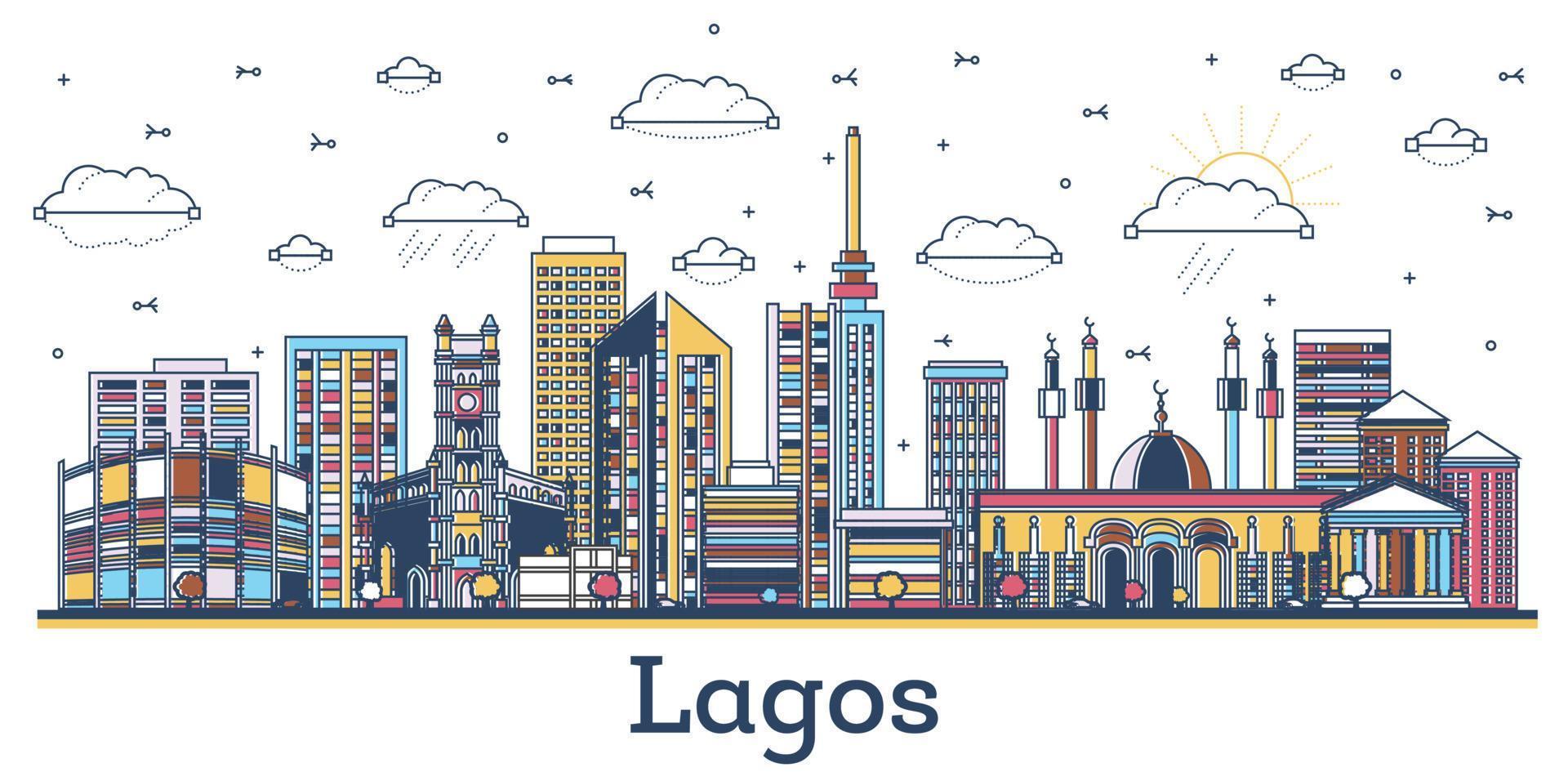 contours lagos nigeria city skyline avec des bâtiments colorés modernes isolés sur blanc. vecteur