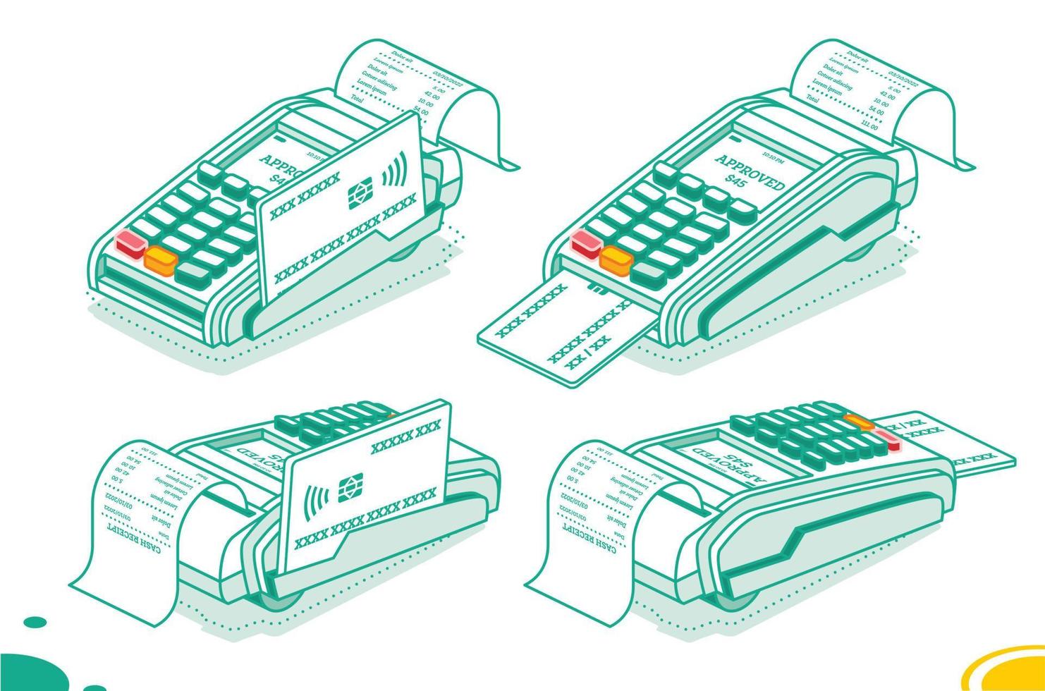 terminal pos isométrique avec carte de crédit et ticket de caisse isolé sur fond blanc. vecteur