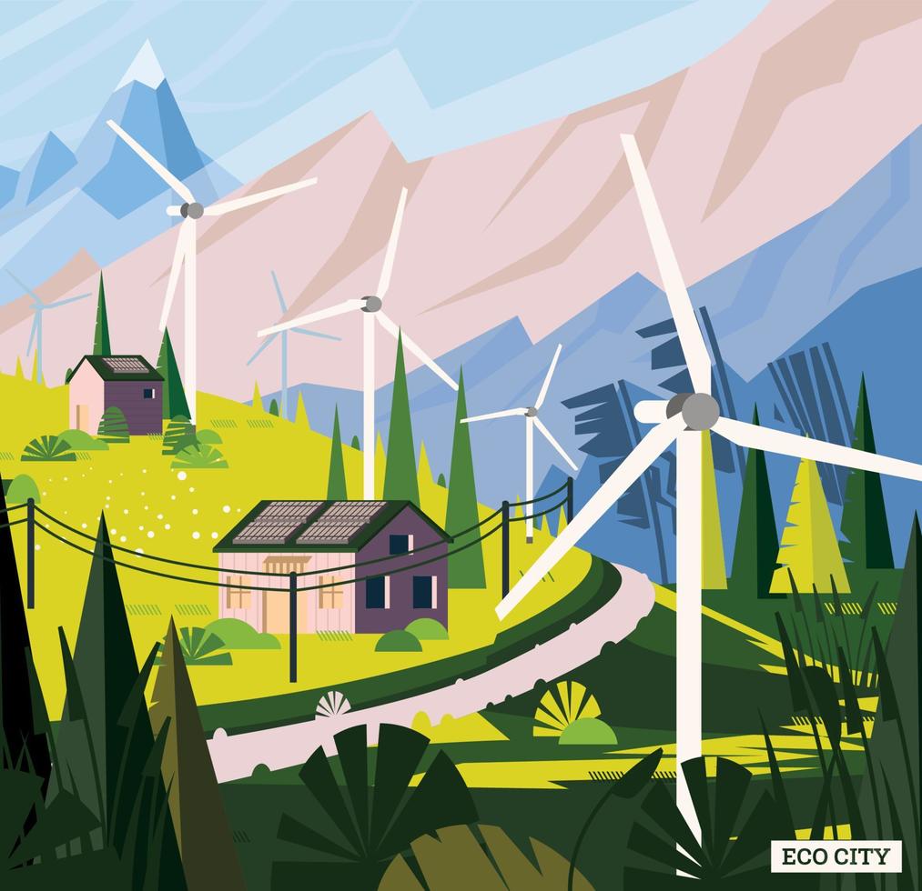 paysage avec route dans les alpes. concept d'énergie verte renouvelable avec des éoliennes dans le village et des panneaux solaires sur les toits. vecteur