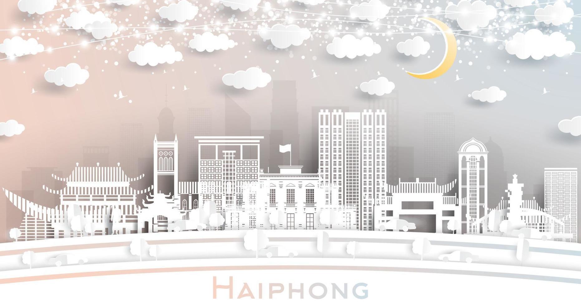 horizon de la ville de haiphong vietnam dans un style de papier découpé avec des bâtiments blancs, une guirlande de lune et de néon. vecteur