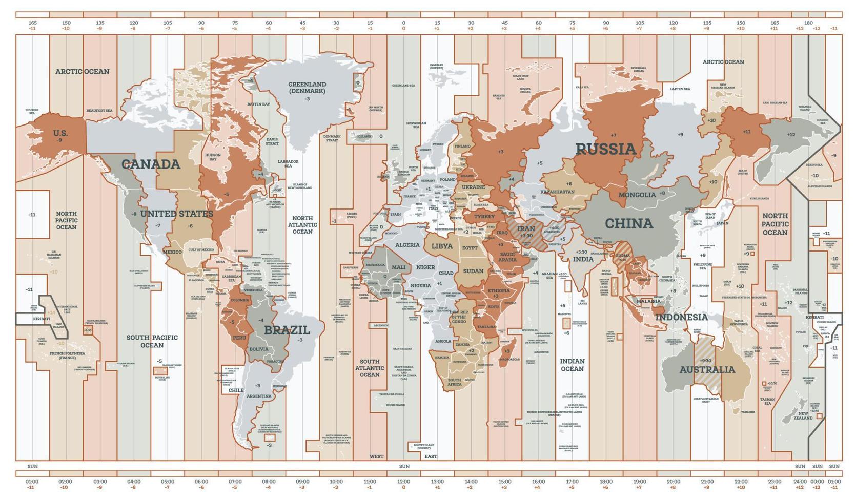 carte des fuseaux horaires. carte du monde détaillée avec noms de pays. vecteur