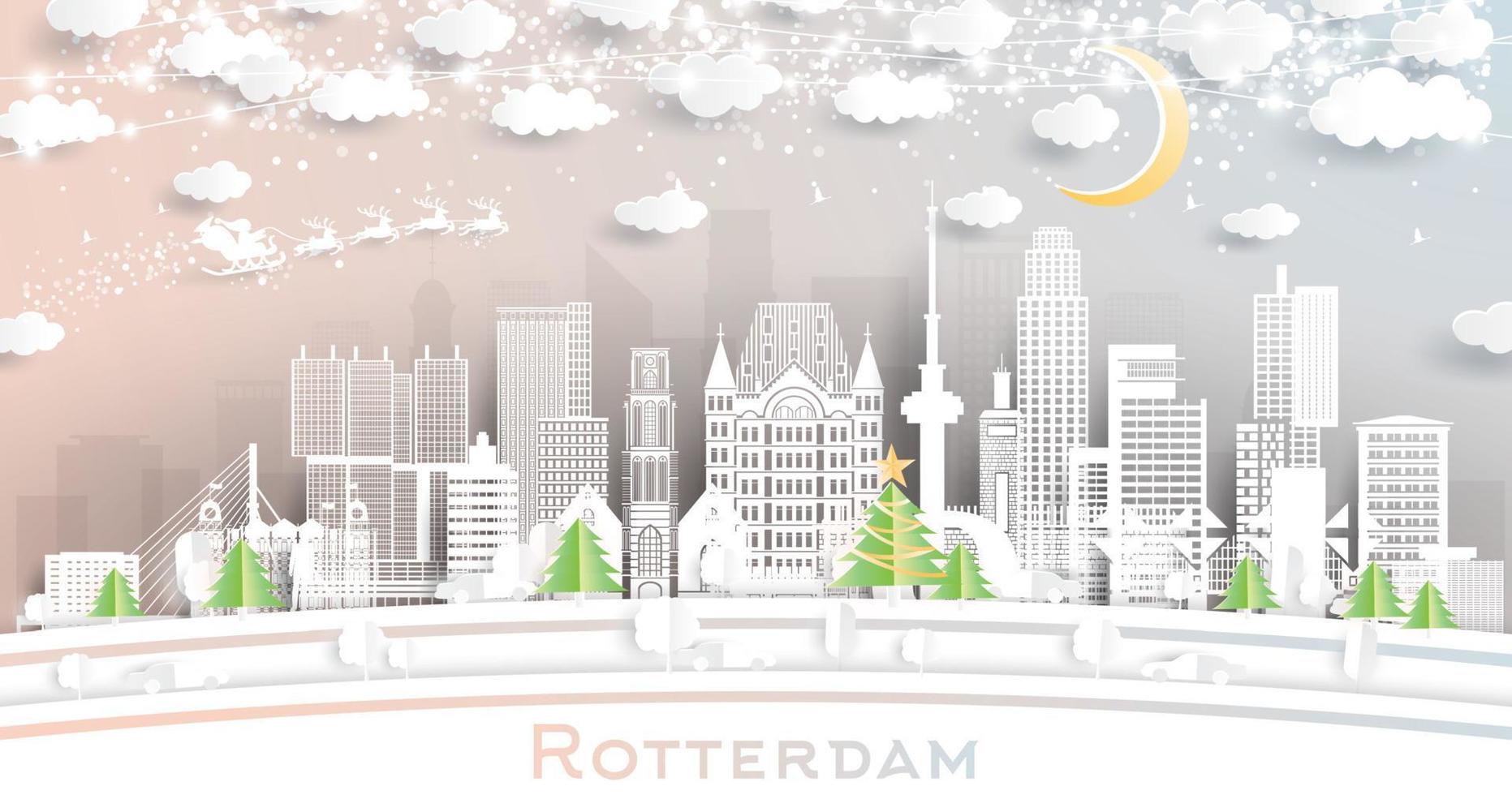 toits de la ville de rotterdam pays-bas dans un style découpé en papier avec des flocons de neige, une lune et une guirlande de néons. vecteur