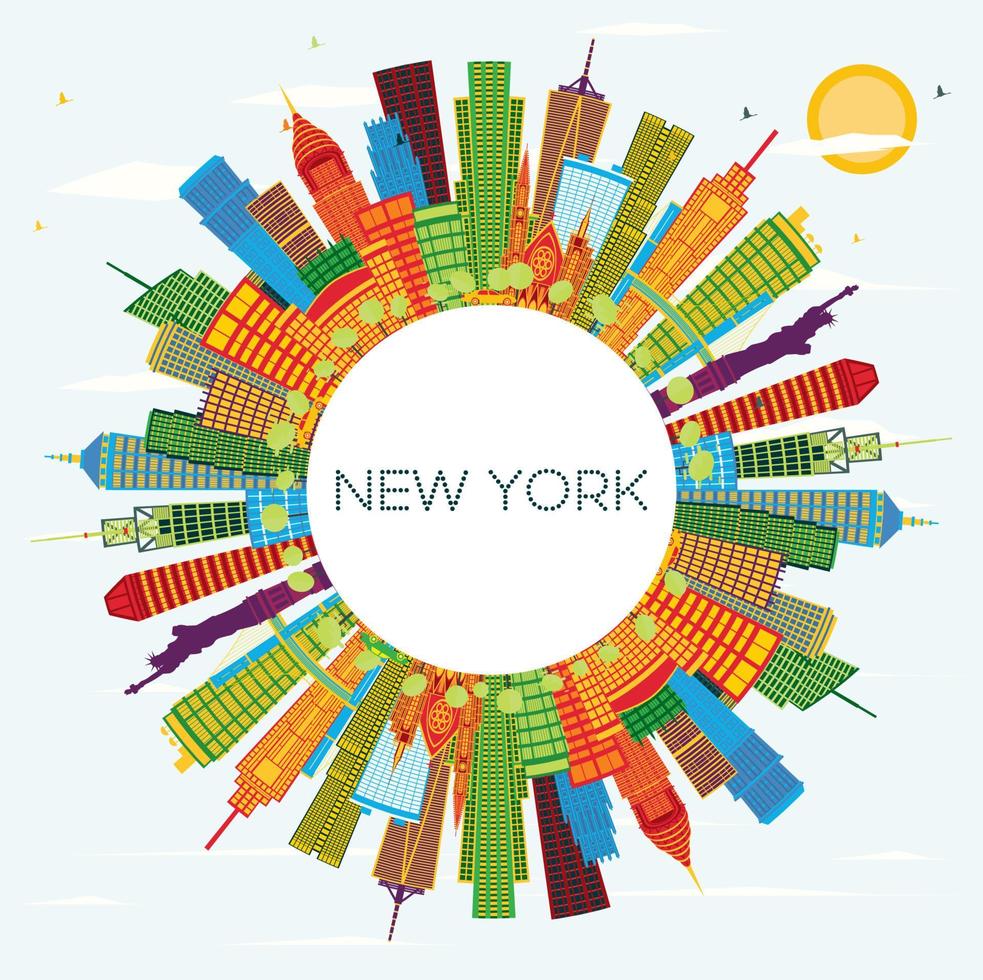 horizon de la ville de new york usa avec gratte-ciel de couleur, ciel bleu et espace de copie. vecteur