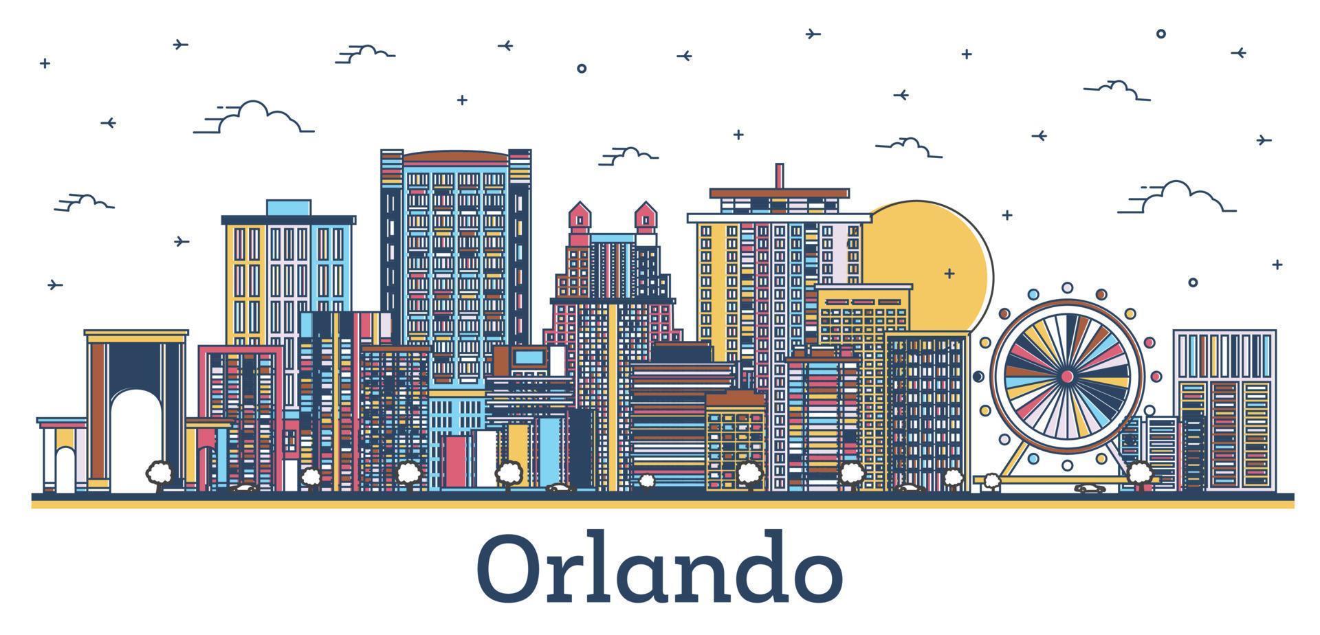 Décrire les toits de la ville d'Orlando en Floride avec des bâtiments modernes et historiques colorés isolés sur blanc. vecteur