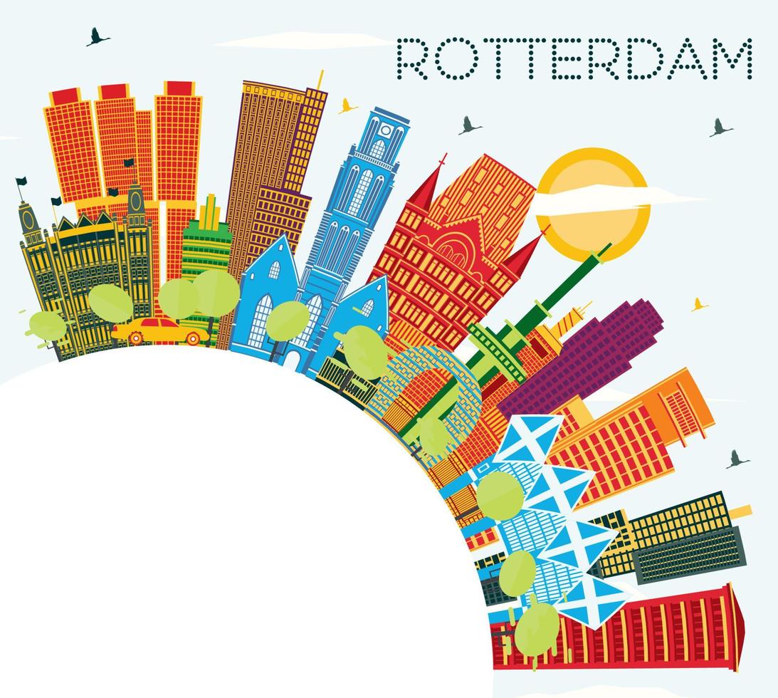 toits de la ville de rotterdam pays-bas avec des bâtiments de couleur, ciel bleu et espace de copie. vecteur