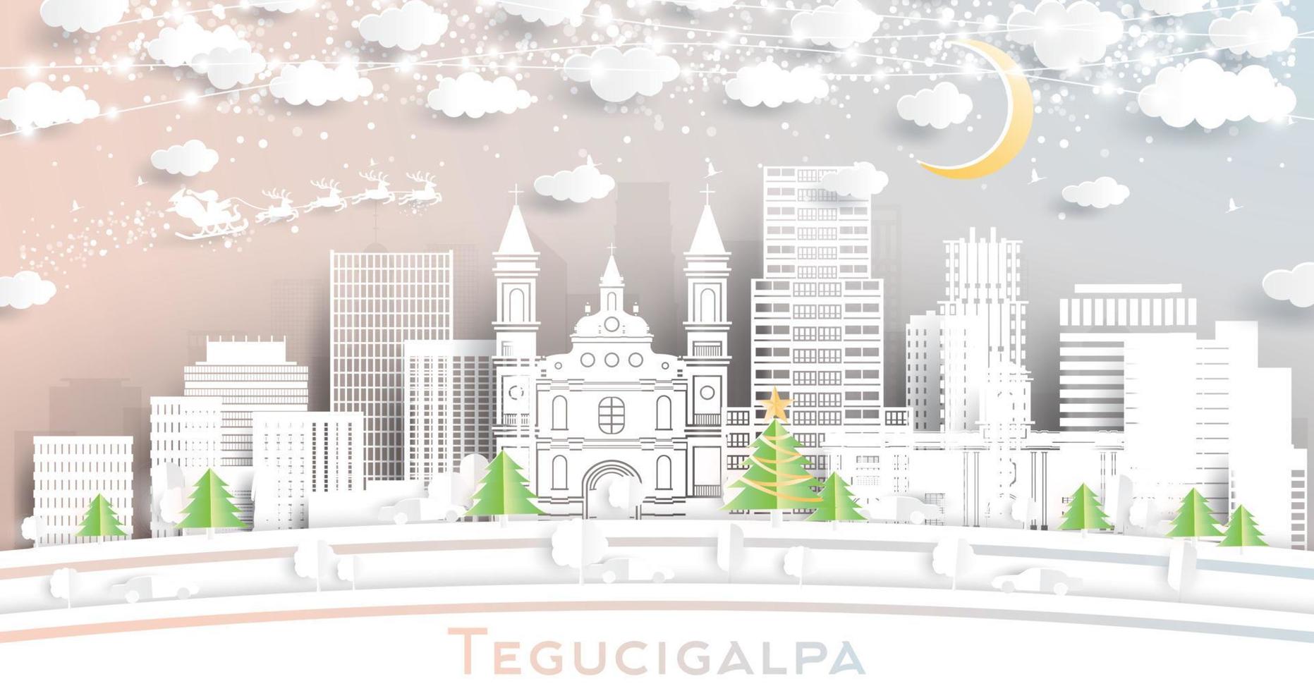 horizon de la ville de tegucigalpa honduras en papier découpé avec flocons de neige, lune et guirlande de néons. vecteur