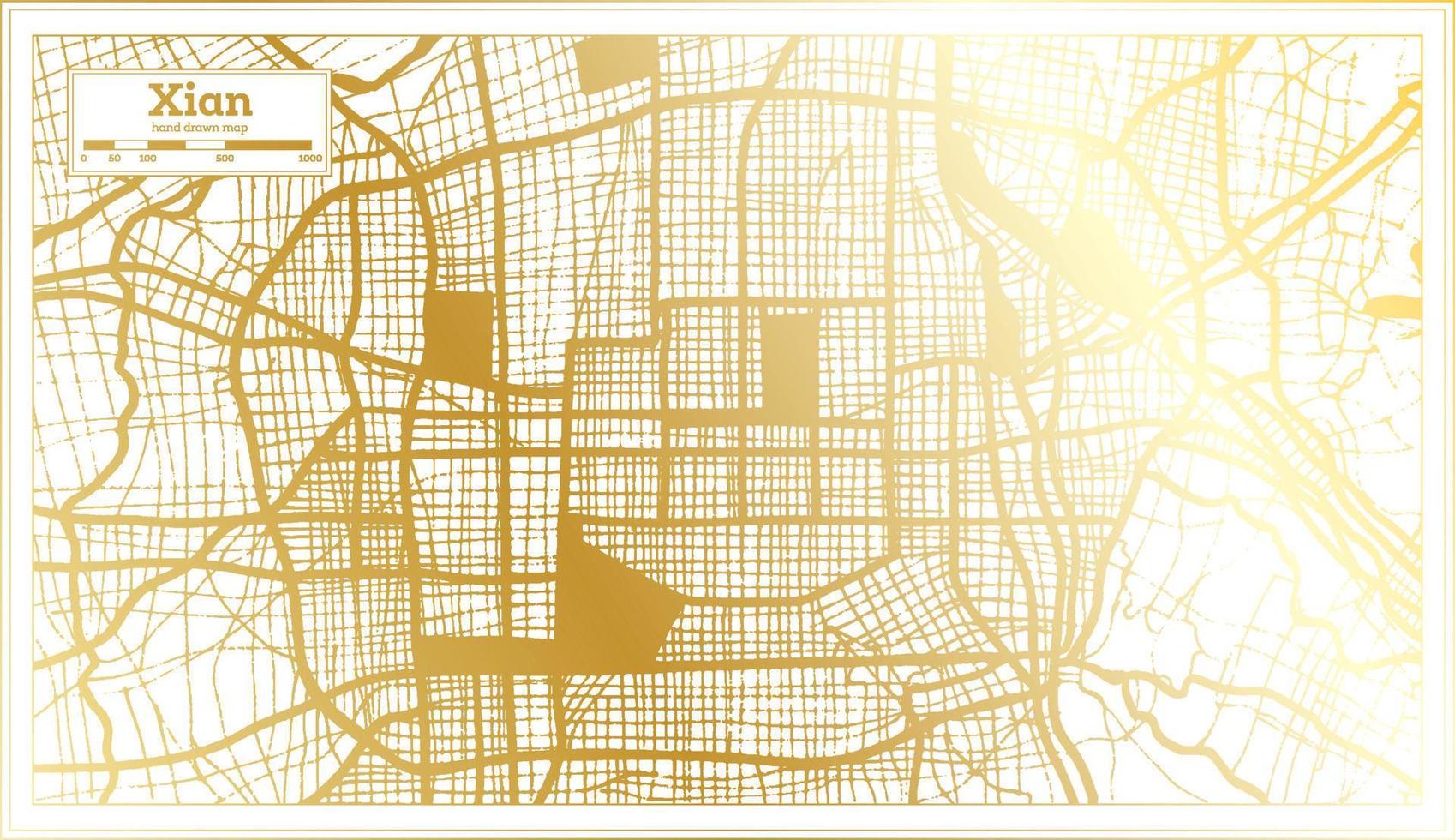plan de la ville de xian en chine dans un style rétro de couleur dorée. carte muette. vecteur