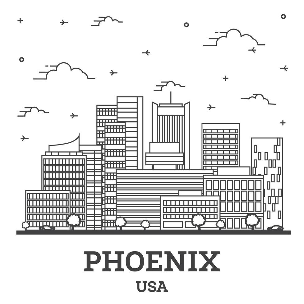 contours phoenix arizona usa city skyline avec des bâtiments modernes isolés sur blanc. vecteur