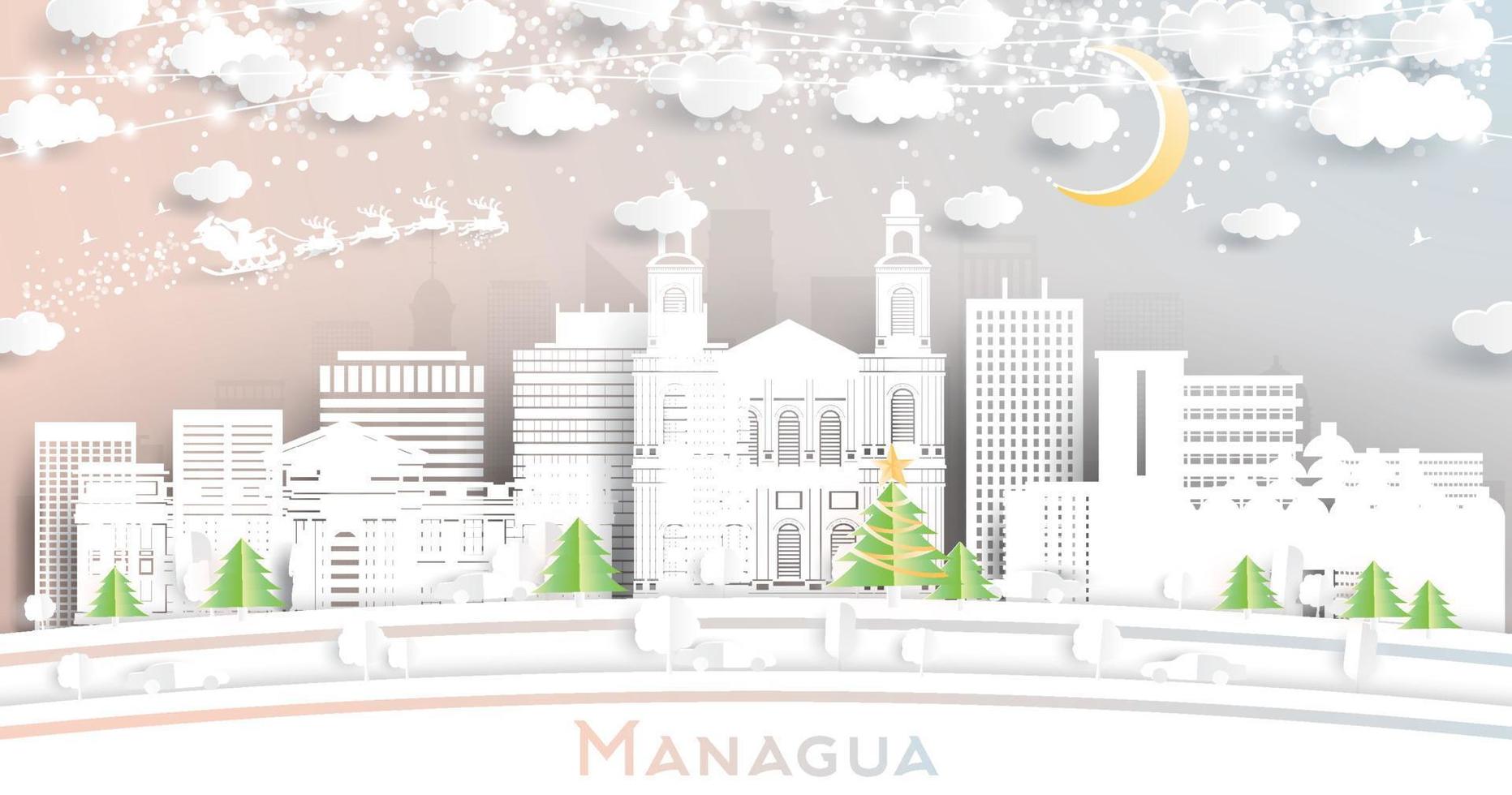 horizon de la ville de managua nicaragua dans un style papier découpé avec des flocons de neige, une lune et une guirlande de néons. vecteur