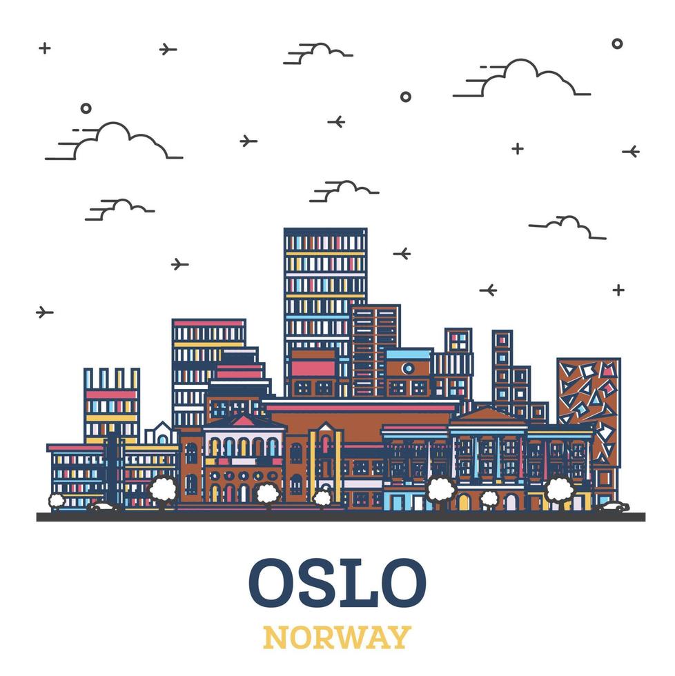 Décrire les toits de la ville d'Oslo en Norvège avec des bâtiments colorés modernes isolés sur blanc. vecteur