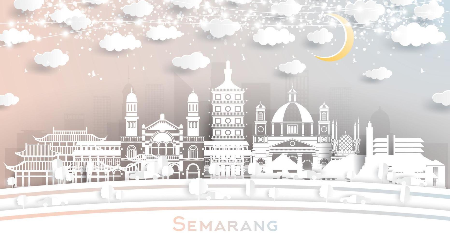 horizon de la ville de semarang en indonésie dans un style découpé en papier avec des bâtiments blancs, une guirlande de lune et de néon. vecteur
