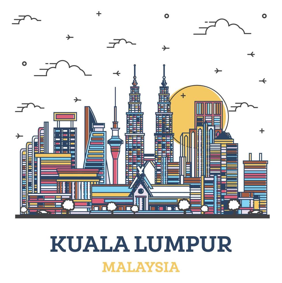 contour de la ville de kuala lumpur en malaisie avec des bâtiments modernes colorés isolés sur blanc. vecteur