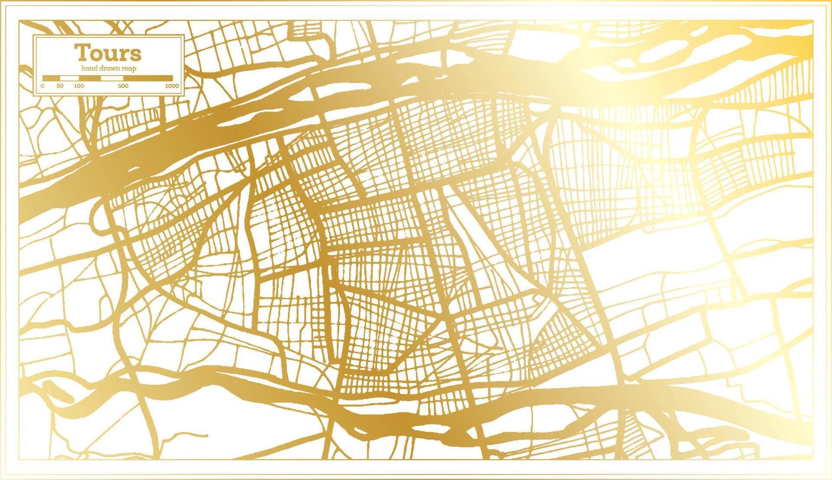 tours france carte de la ville dans un style rétro de couleur dorée. carte muette. vecteur