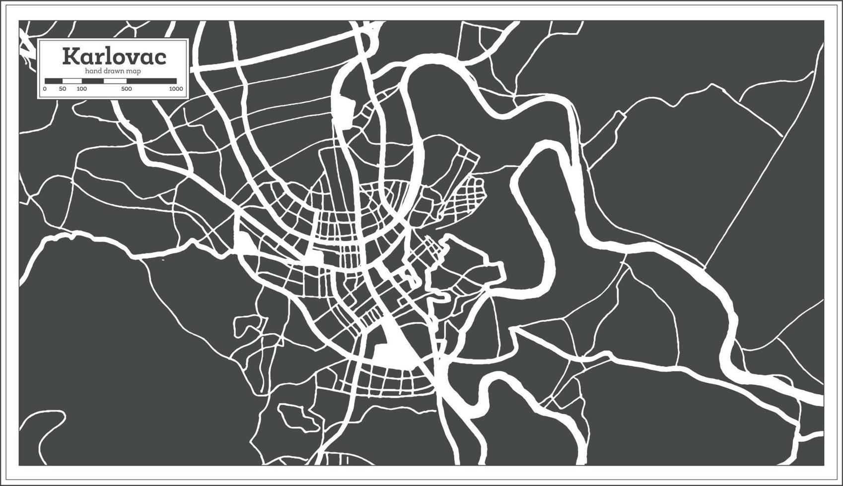carte de la ville de karlovac croatie en noir et blanc dans un style rétro. carte muette. vecteur
