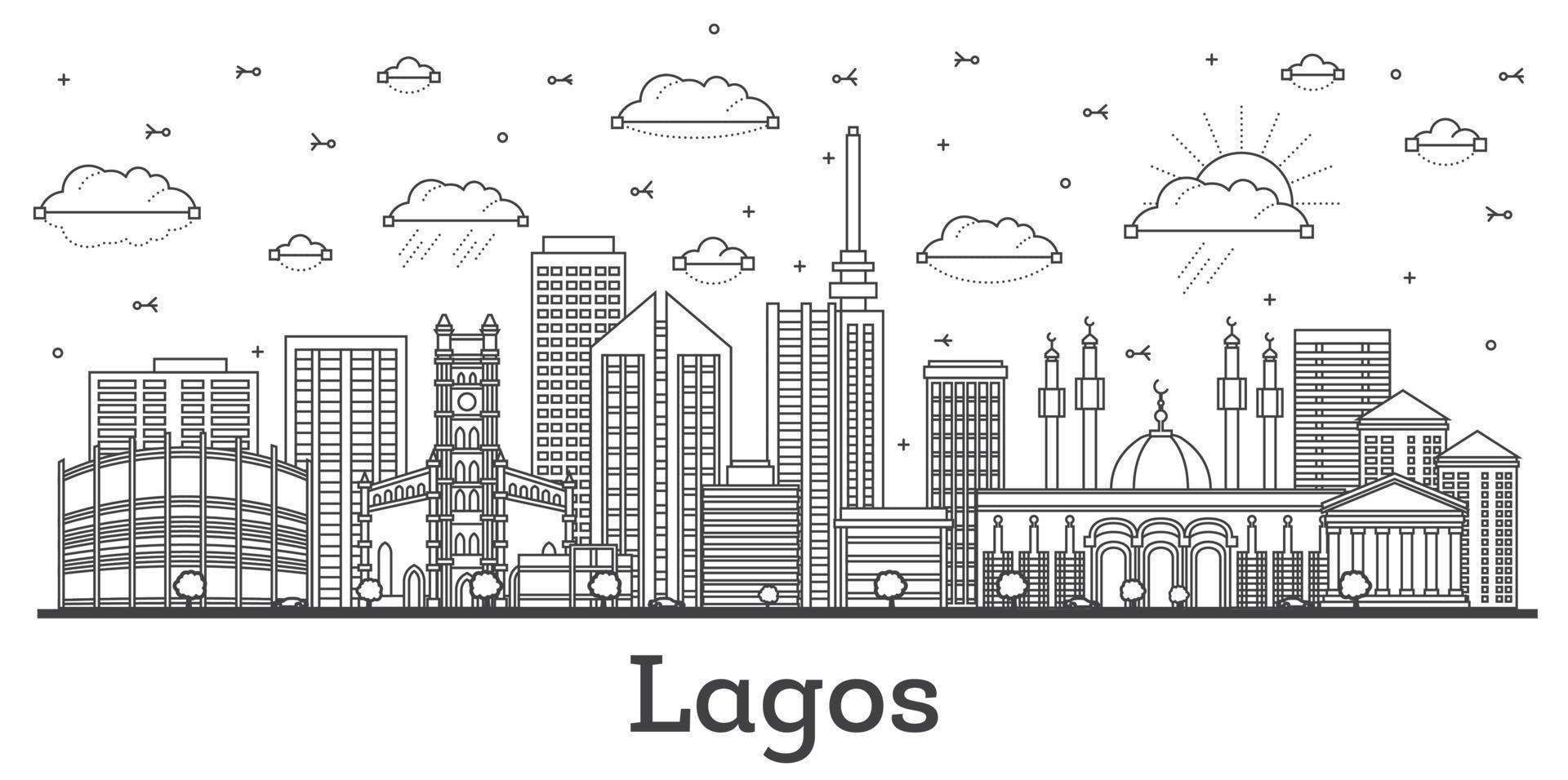 contours lagos nigeria city skyline avec des bâtiments modernes isolés sur blanc. vecteur