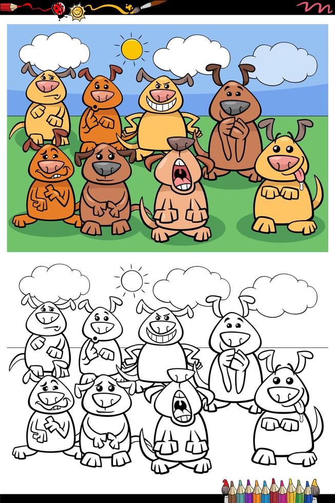 Page de livre de coloriage de groupe de chiens drôles de dessin animé vecteur