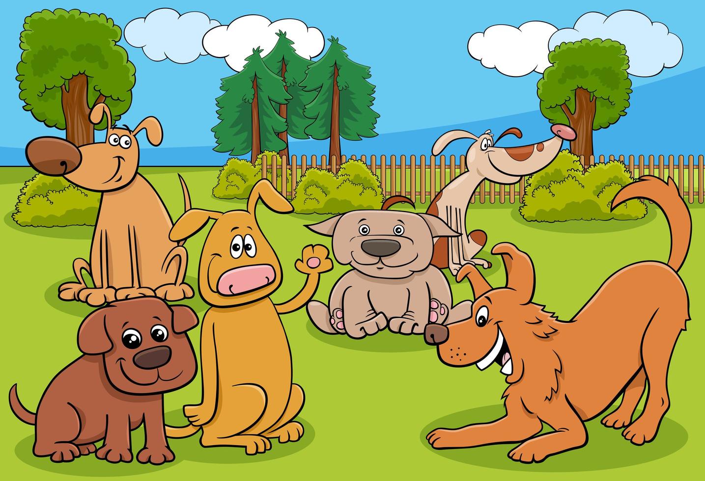 Groupe de personnages animaux chiens de dessin animé dans le parc vecteur