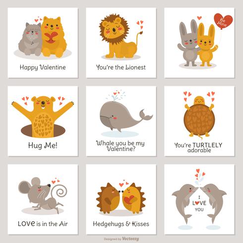 Créatures de dessin animé mignon en amour Valentine cartes vectorielles Set vecteur